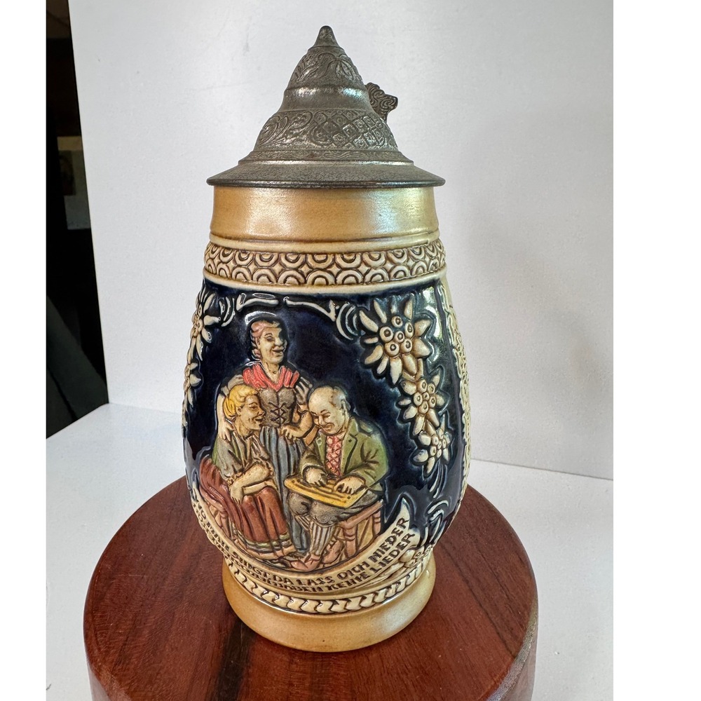 Vintage German Beer Stein Pewter Lid CeramArt Tavern Scene Proverb Stein